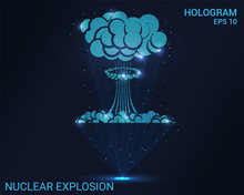 A Hologram Of A Nuclear Explosion. A Holographic Projection Of A Nuclear Bomb. Flickering Energy Flux Of Particles. Scientific Military Design.