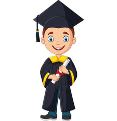 Wall Mural - Cartoon boy in graduation costume holding a diploma