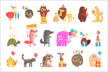 Sticker - Funky Animals With Party Attributes At The Kids Happy Birthday Celebration Set Of Cartoon Fauna Characters