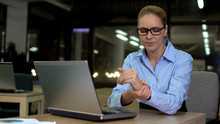 Woman Feels Wrist Pain Caused By Excessive Use Of Laptop, Carpal Tunnel Syndrome
