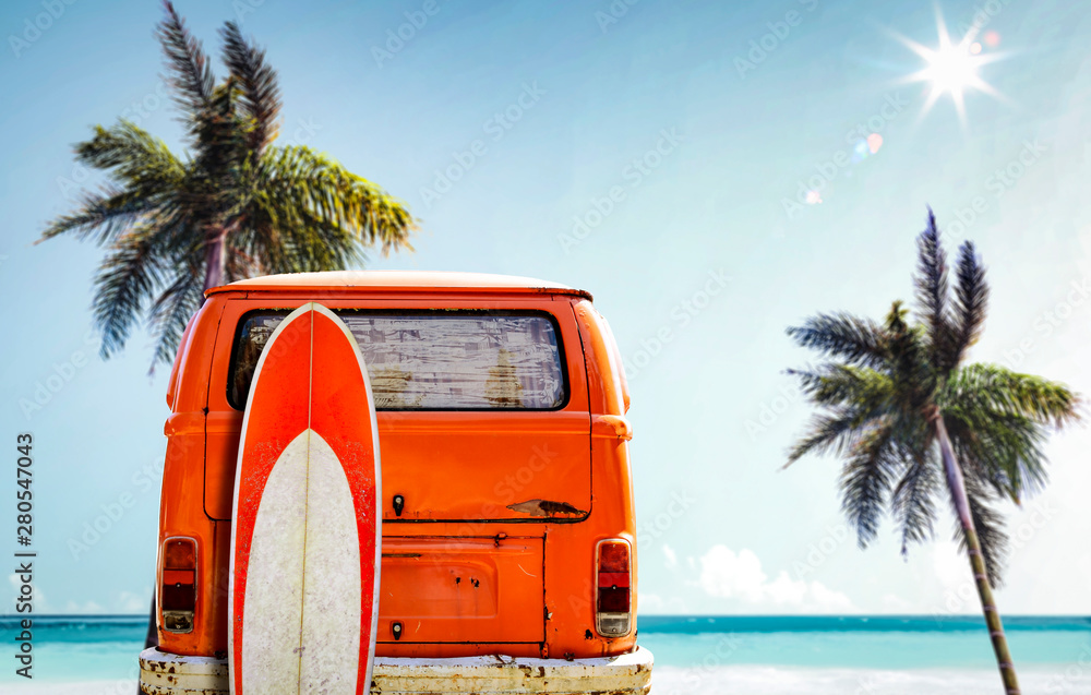 Orange summer car on beach and free space for your decoration.  - obrazy, fototapety, plakaty 