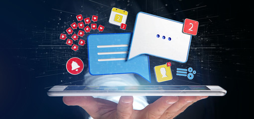 Businessman holding message and notifications of social media 3d rendering