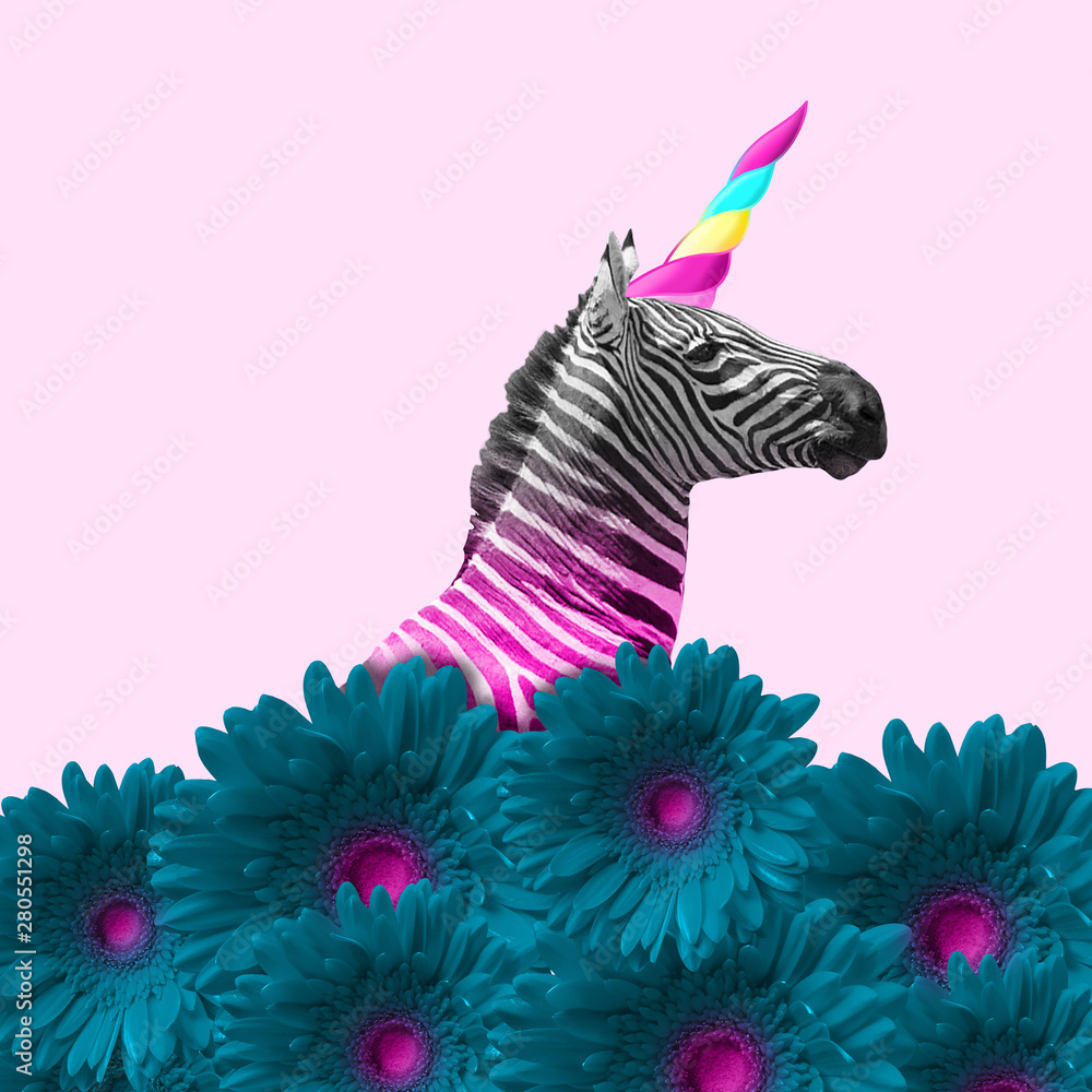 Dreaming about being better. An alternative zebra like a unicorn in blue flowers on pink background. Negative space. Modern design. Contemporary art. Creative conceptual and colorful collage. - obrazy, fototapety, plakaty 