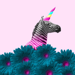 dreaming about being better. an alternative zebra like a unicorn in blue flowers on pink background.