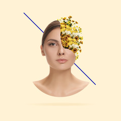 Growing an idea, fresh thoughts. Female face with the flowers on yellow background. Negative space to insert your text. Modern design. Contemporary art. Creative conceptual and colorful collage.