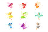 Fototapeta Dziecięca - Colorful Rainbow Set Of Cute Girly Fairies With Winds And Long Hair Dancing Surrounded By Sparks And Stars In Pretty Dresses