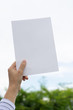 © blindturtle - Woman holding paper blank of drawing paper paper with natural background.