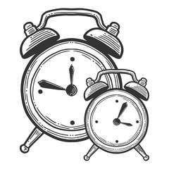 Alarm clock, analog watches. Vector in doodle and sketch style.