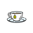 Teacup line icon. Porcelain Tea cup saucer symbol with yellow label sign. Vector illustration.