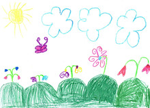 Child Drawing Butterfly And Flowers