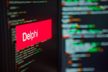Wall Mural - programming language, delphi inscription on the background of computer code.
