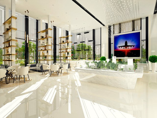 3d render of luxury hotel lobby