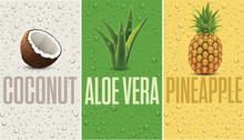 Many Fresh Juice Drops Background With Coconut, Pineapple, Aloe Vera