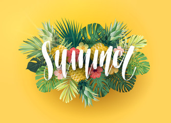 Wall Mural - Green and yellow summer tropical background with exotic monstera palm leaves and hibiscus flowers. White handlettering with 3d effect. Vector floral illustration.