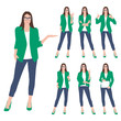 A set of business woman isolated on a white background. A business woman is standing and gesturing. Woman in business suit. The woman makes a presentation. Vector illustrations