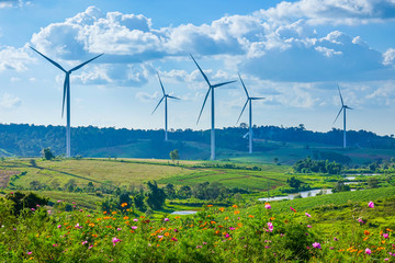 Wind turbine farm from clean energy. Wind power for electricity.