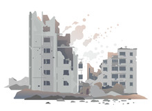 Eastern European Destroyed Buildings Between The Ruins And Concrete, War Destruction Concept Illustration Isolated On White Background, Destroyed Residential Neighborhood Landscape