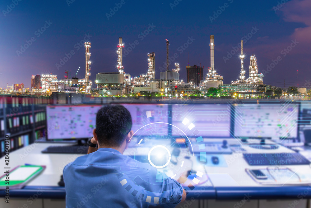 Double exposure of Engineering works with the tablet in the production control room.Control room of a steam Turbine,Generators of the coal-fired power plant for monitor process, business and industry  - obrazy, fototapety, plakaty 