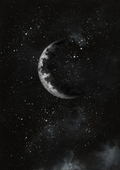 Wall Mural - Night sky with full moon and stars. Watercolor hand drawn illustration.