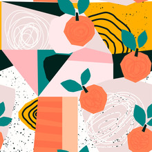 Hand Drawn Peaches And Various Shapes, Spots, Dots And Lines. Different Colors. Abstract Contemporary Seamless Pattern. Modern Patchwork Illustration In Vector