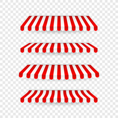 Red and white sunshade. Outdoor awnings for cafe and shop window isolated vector set. Tent sunshade for market, stripe summer scallop for store illustration