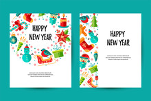 Merry Christmas And Happy New Year Card Vector Illustration Set. Place For Text. Great For New Year Party Invitation, Christmas Fair, Flyer, Banner, Poster. Flat And Line Style Design.