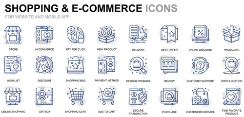 Poster - Simple Set Shopping and E-Commerce Line Icons for Website and Mobile Apps. Contains such Icons as Delivery, Payment Method, Store, Commerce. Conceptual color line icon. Vector pictogram pack.