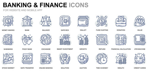 Leinwandbilder - Simple Set Banking and Finance Line Icons for Website and Mobile Apps. Contains such Icons as Balance, E-Banking, Auction, Financial Growth. Conceptual color line icon. Vector pictogram pack.