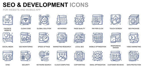 Simple Set Seo and Development Line Icons for Website and Mobile Apps. Contains such Icons as Clean Code, Data Protection, Monitoring. Conceptual color line icon. Vector pictogram pack.