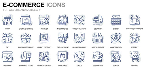 Leinwandbilder - Simple Set E-Commerce and Shopping Line Icons for Website and Mobile Apps. Contains such Icons as Delivery, Payment, Basket, Customer, Shop. Conceptual color line icon. Vector pictogram pack.
