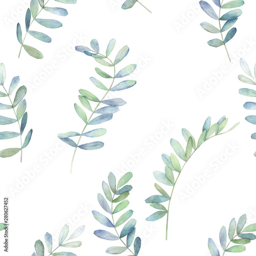 Watercolor seamless pattern with eucalyptus branches . Hand drawn illustration