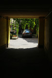 Fototapeta Psy - light yard with the car and greenery at end of the arch in Saint Petersburg russia