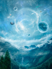 Fantasy landscape with planets and nebulas