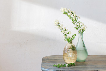 Spirea branches in vases on  vintage background of old wall