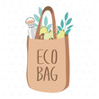 Eco fabric bag with leaves, vegan food and reusable bottle. Recycling eco bag instead of plastic one. Go green.  Save the planet. Eco life. Zero waste lifestyle.
