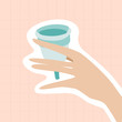 Woman hand with menstrual cup. Vector illustration with feminine hygiene product. Woman health in zero waste life.