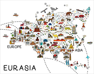  Eurasia Map.Eurasia travel guide.Travel Poster with animals and sightseeing attractions.
