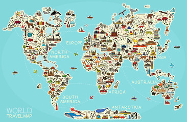 World Travel Line Icons Map. Travel Poster with animals and sightseeing attractions.