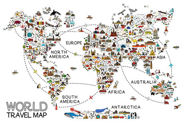 Fototapeta World Travel Line Icons Map. Travel Poster with animals and sightseeing attractions.