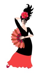 Wall Mural - Beautiful spanish flamenco dancer, dressed in red- black dress with fan in her hand posing isolated on white background. Card, poster, design element.