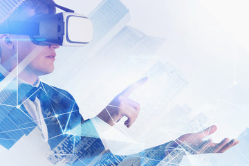 Canvas Print - Man in VR glasses working with digital network