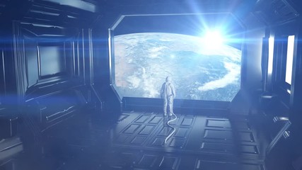 Wall Mural - alone astronaut in futuristic spaceship, room. view of the earth. cinematic 4k footage