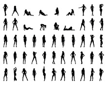 Black Silhouettes Of Beautiful Girls In Various Poses, Vector