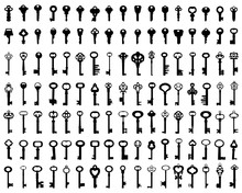 Set Of Black Silhouettes Of Door Keys On A White Background