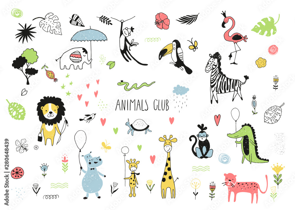 Safari cute animals doodle set. Naive art Stock Vector | Adobe Stock