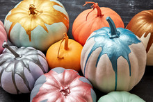 Different Colored Multi-colored Pumpkins On A Dark Concrete Background. Layout For The Holidays Halloween