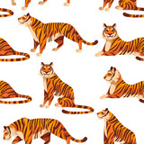 Fototapeta Dinusie - Seamless pattern of adult big red tiger wildlife and fauna theme cartoon animal design flat vector illustration on white background