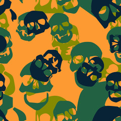 Seamless jungle green and orange military fashion human skulls camouflage pattern vector