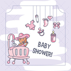 Wall Mural - baby shower card with newborn and objects hanging