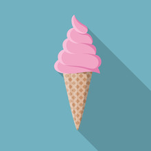 Pink Ice Cream In Wafer Cone Sundae Icon Symbol Flat Design Vector Food